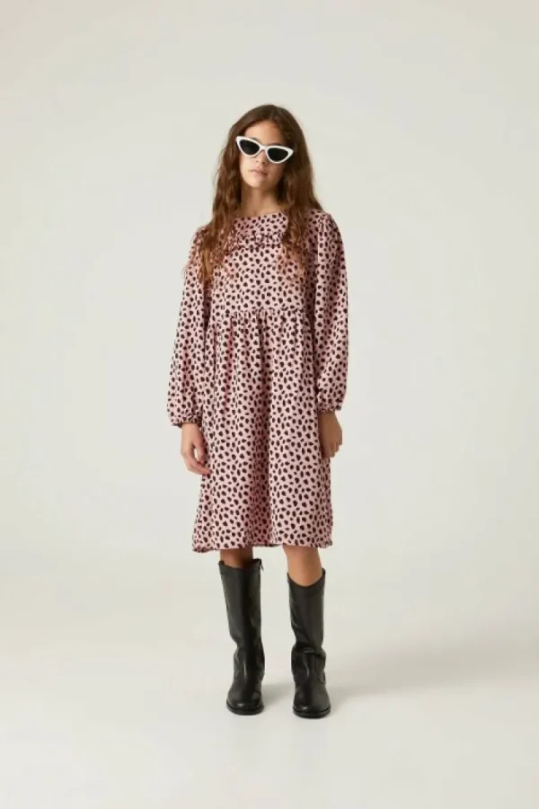 Vestido midi de niña con volantes y estampado de lunares rosa-MINI Discount