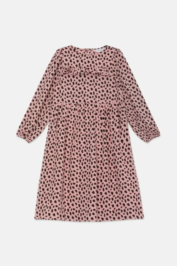 Vestido midi de niña con volantes y estampado de lunares rosa-MINI Discount