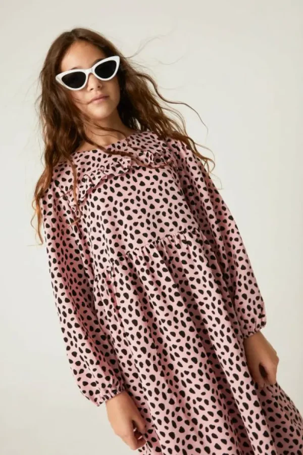 Vestido midi de niña con volantes y estampado de lunares rosa-MINI Discount