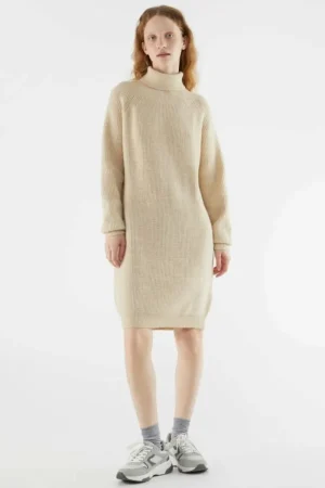 Vestido midi de punto con cuello vuelto beige-COMPAÑIAFANTASTICA Online