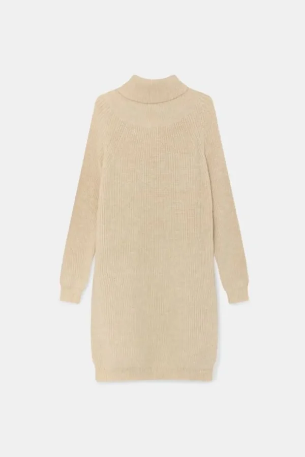 Vestido midi de punto con cuello vuelto beige-COMPAÑIAFANTASTICA Online