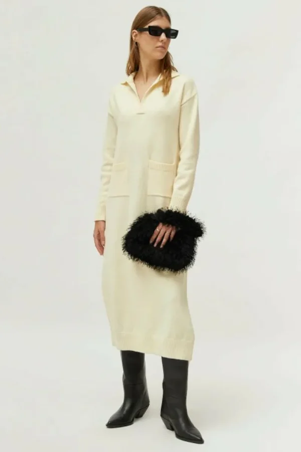 Vestido midi de punto con cuello polo blanco-COMPAÑIAFANTASTICA Outlet