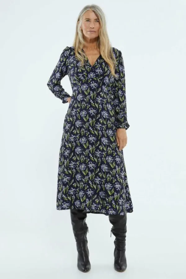 Vestido midi en viscosa LENZING™ ECOVERO™ con estampado floral azul-COMPAÑIAFANTASTICA Cheap