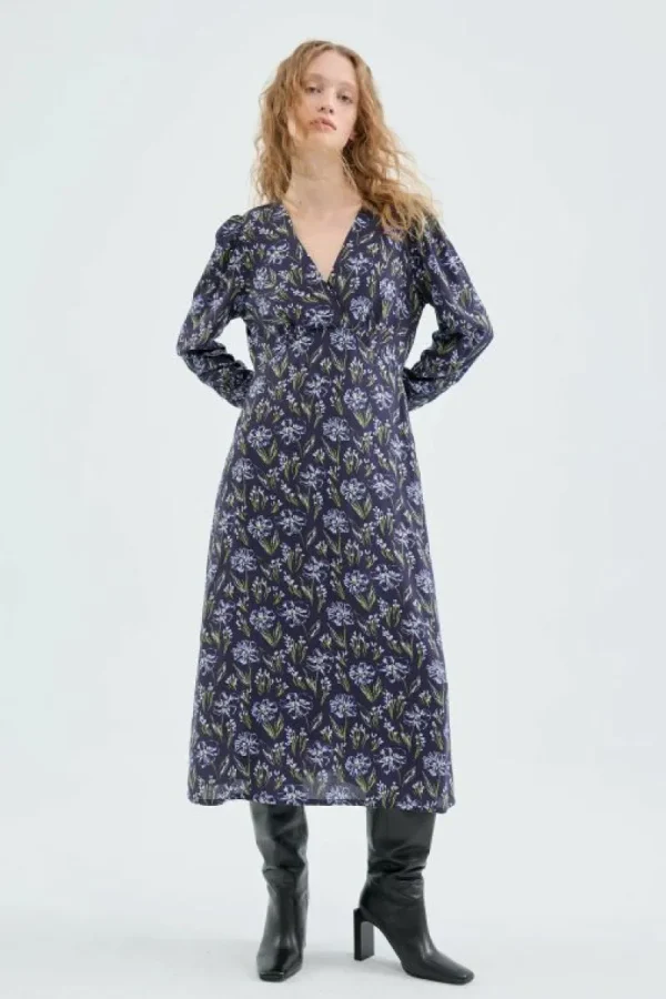 Vestido midi en viscosa LENZING™ ECOVERO™ con estampado floral azul-COMPAÑIAFANTASTICA Cheap