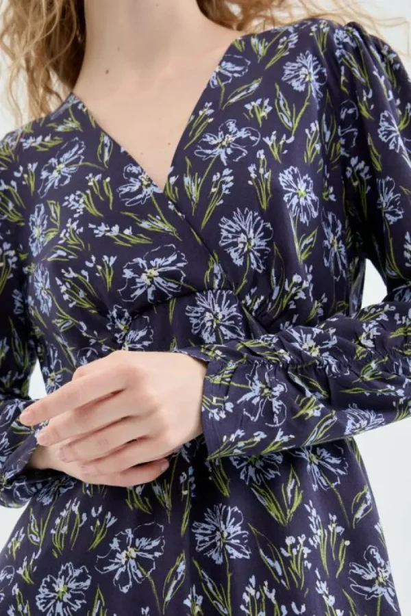 Vestido midi en viscosa LENZING™ ECOVERO™ con estampado floral azul-COMPAÑIAFANTASTICA Cheap